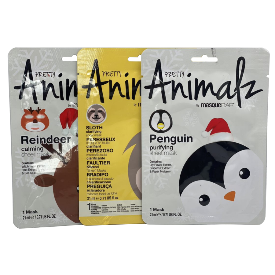 Masque Bar Pretty Animalz Sheet Mask Penguin, Sloth & Reindeer - 3 ct